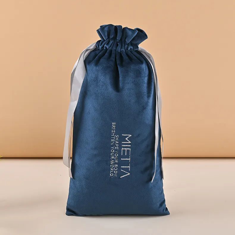 Wholesale Custom Logo Silk Screen Printing Navy Blue 15 X 30CM Silk Velvet Fabric Dust Bag With Satin Ribbon