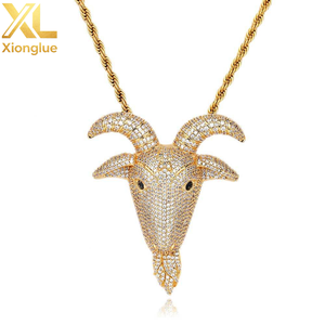 Collier Hip-Hop Bouddhiste Tête de Chèvre en Laiton Premium Micro-Incrusté de Zircon Plaqué Rhodium avec Pendentif Chaîne à Maillons pour Enfants Hipster - Product Image 1