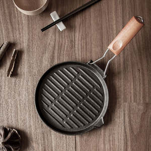 Groothandel Hoge Kwaliteit Voorgekruide Gietijzeren Grillpan met Inklapbaar Houten Handvat Grillplaat Zwarte Ronde Steak Grillpan - Product Image 2