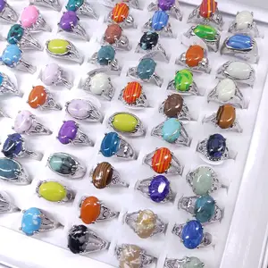 natural Stone Ring For Men Women Random Deliver silver plated Colorful Geometric Natural Gemstone Rings Wholesale