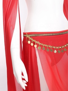 Conjunto de 3 piezas para danza del vientre para mujer: Top corto de un hombro, falda larga transparente, cinturón con monedas y mangas para brazos. Traje de danza oriental. - Product Image 3