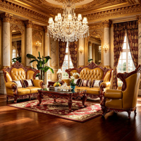 Ensemble de canapés de luxe en cuir véritable doré de style européen, meubles de salon classiques baroques sculptés à la main en bois massif, vente en gros