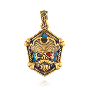 Pendentif électrique noir + opale émail pendentif crâne de pirate en or dur pendentif mode en or pur 24K - Product Image 1