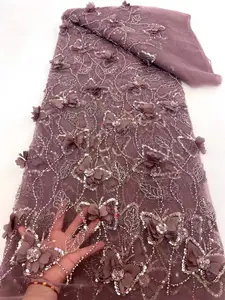 Neuer luxuriöser perlen-spitzenstoff Großhandelspreis Braut Perlen stickerei 3D-Schmetterlingsspitzen französischer Tülle-Spitzenstoff für Hochzeit