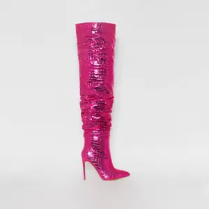 Nuovo stile personalizzato rosa caldo punta a punta donna inverno lucido metallizzato stiletto tacchi alti stivali crocprint stivali larghi alla coscia di vitello