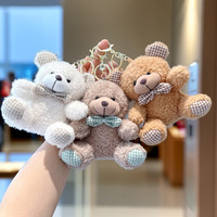 Porte-clés en peluche ours en peluche avec nœud papillon à carreaux, breloque de sac, doux, mignon, câlin, adorable, vente en gros, personnalisé, OEM, ODM