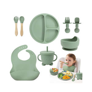 Ensemble d'ustensiles d'alimentation pour bébé en silicone, cuillère et fourchette souples avec sucette, sans BPA, avec bavoir/assiette/bol - Product Image 1