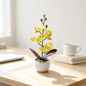Orchidée Phalaenopsis Bonsaï Quatre Fleurs en Caoutchouc Souple avec Pot pour Décoration de Bureau Jaune Blanc Rose Vert - Product Image 3