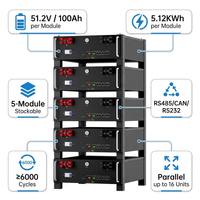 Batterie LiFePO4 51,2 V 100 Ah en rack, 5,12 kWh, empilable, pour stockage solaire, avec BMS, RS485/CAN, Bluetooth, WiFi, 6000+ cycles, 16 unités en parallèle
