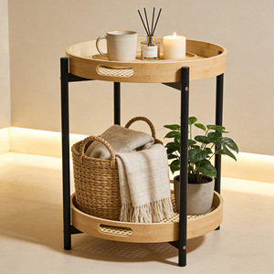 Table de rangement ronde à 2 niveaux en bambou tressé avec pieds en fer pour salon, chambre et extérieur - Product Image 2