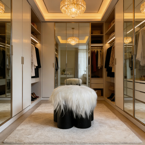 Modern Ottoman | Solid Wood Base Round Lamb Wool Fur Footstool <strong>Small</strong> Tufted <strong>Pouffe</strong> for Living Room Bedroom Showhome Home Decor - Product Image 2