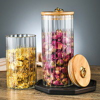 Frasco de Vidrio con Rayas Verticales y Tapa de Bambú, Anillo Metálico, Recipiente de Vidrio de Borosilicato para Té, Alimentos Secos, Almacenamiento de Cocina