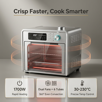 Horno Freidora de Aire Eléctrico con Pantalla Táctil de 28L, 1700W, Acero Inoxidable, 20 Programas Preestablecidos, Doble Ventilador, 6 Niveles de Calentamiento, Doble Puerta, Uso Doméstico, Estilo Holandés