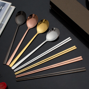 Home Restaurant Barbecue Mirror Polish Stainless Steel Cutlery Set Flat Korean Chopsticks and <strong>Spoon</strong> With Gift Box - Product Image 3