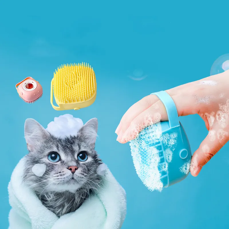 Custom Logo Silicone Cat Cleaning Grooming Tools Dog Shower Wash Pet Bath Brush with Massage Shampoo Dispenser