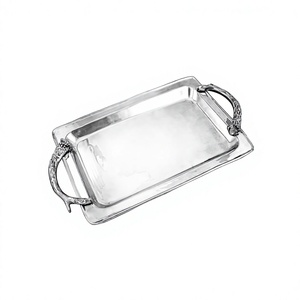 Plateau décoratif rectangulaire argenté avec poignées, style côtier, plateaux de service en métal, plateaux modernes pour la restauration, fournitures hôtelières - Product Image 1