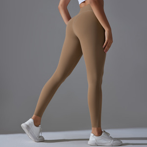 Venta de liquidación para pantalones de Yoga de nueve puntos de cintura alta de alta elasticidad cepillados de nailon de doble cara, mallas deportivas sólidas para Fitness - Product Image 4