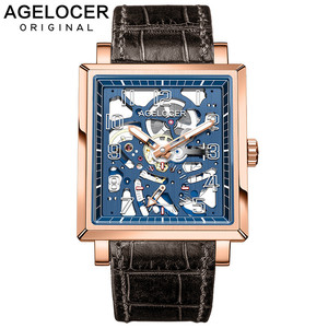 Montres-bracelets mécaniques squelette analogiques lumineuses noires <span class=keywords><strong>AGELOCER</strong></span> pour hommes, montres de luxe de marque haut de gamme - Product Image 1