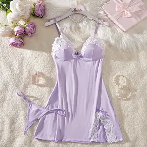 Vrouwen Nachtkleding Sexy Kanten Afwerking Chemise Boog Lingerie Erotische Kostuums Volwassen Mini Jurk Strings Ensembles - Product Image 1