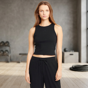 Women's Black Ribbed <b>Cropped</b> Tank <b>Top</b> Crew Neck Sleeveless Minimalist Style Knitted Spandex Cotton Blend Breathable Fit - Product Image 4