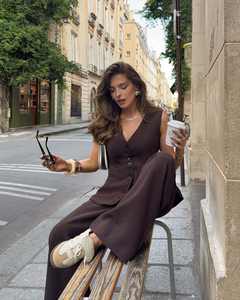 Conjunto de Dos Piezas para <span class=keywords><strong>Mujer</strong></span>, Estilo Casual de Primavera/Verano, Top sin Mangas <span class=keywords><strong>con</strong></span> Tirantes y Pantalones Anchos Estilo Francés - Product Image 6