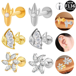 <b>Titanium</b> Earrings Flower Shape Prong Setting F136 Internal Thread Unisex Piercing Jewelry Gift - Product Image 1