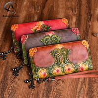 Dompet Wanita Andong Kulit Sapi Asli Vintage Embossed Long Clutch Purse Tas Ponsel Kulit Sapi Asli