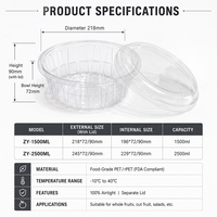 Boîte d'emballage ronde transparente en PET/RPET de 1500 ml avec couvercle à clipser hermétique pour la présentation de fruits coupés (pastèque, salade de fruits, baies)