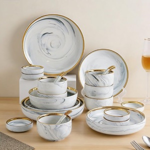 Hot Sale Nordic Color Glaze Marble Gold Rim Dinner Plate <b>Set</b> Sustainable Porcelain Ceramic Crockery Tableware Eco-Friendly - Product Image 4