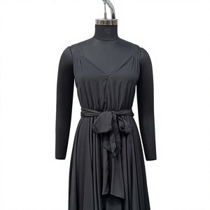 <b>High</b> Neck Long Sleeve Maxi <b>Dress</b> <b>With</b> Belt Wrap And Tie Asymmetrical Hem Loose Fit Casual Woven Solid Color Full Length <b>Dress</b> - Product Image 1