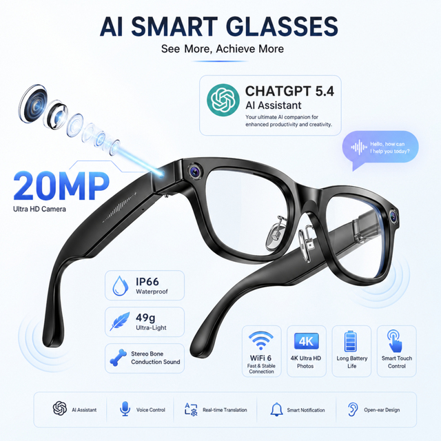 20MP Camera Ai Smart Glasses 4k HD Photo Smart Glasses Dual Mic Bone Conduction 49g  Lightweight AI Glasses Touch Control W660