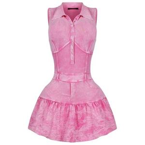 เดรสสั้นสีชมพูเซ็กซี่สำหรับผู้หญิงปี 2025 แบบไม่มีแขน คอปก กระโปรงระบาย ดีไซน์ทันสมัย - Product Image 5