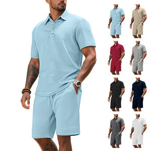 Ensemble polo bleu clair pour homme, manches courtes, couleur unie, coupe décontractée, tenue d'été, texture jacquard, style sportif - Product Image 3