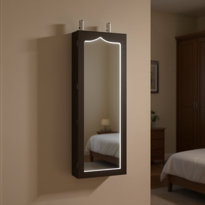 Armario de joyería moderno con espejo LED, montado en la pared, con marco de madera con cerradura e interruptor táctil para uso doméstico. - Product Image 2