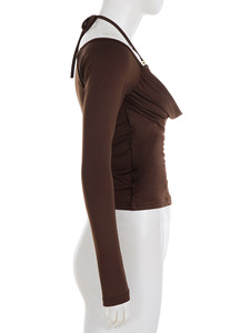 T-shirt décontracté pour femme à col halter, respirant, froncé, épaules dénudées, manches longues, coupe classique, tendance - Product Image 5