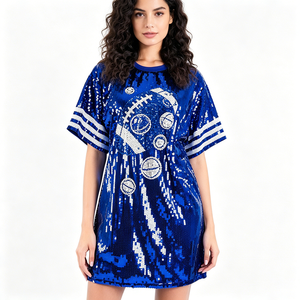 Nouveauté T-shirt long en jersey de sport pour femmes avec short à rayures Paillettes de football Colorful Round Neck Blue T Shirts confortables - Product Image 1