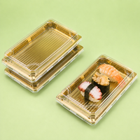 Boîte en plastique rectangulaire jetable noire et dorée en gros, conteneur alimentaire, plateau de fête pour sushis, rouleaux de mouton, emballage alimentaire