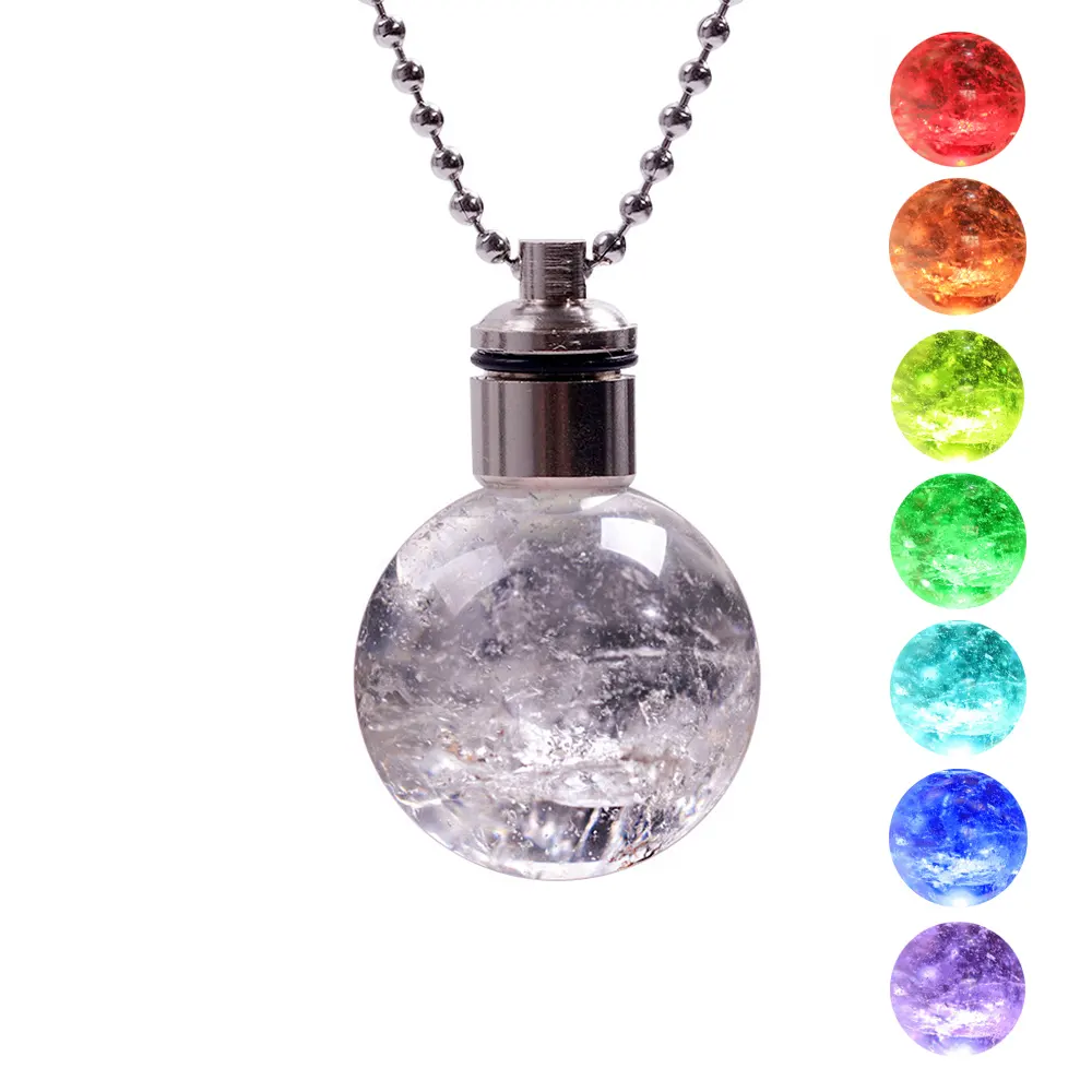 Multicolor Led Light Up Glow Pendant Quartz Clear Crystal Sphere Pendant Necklace Healing Reiki Jewelry