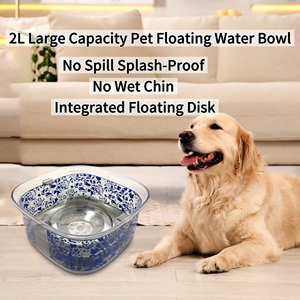 Bol à eau flottant pour chien en <span class=keywords><strong>porcelaine</strong></span> bleue et blanche <span class=keywords><strong>de</strong></span> style chinois 2L, bol anti-éclaboussures pour chien avec disque flottant - Product Image 1
