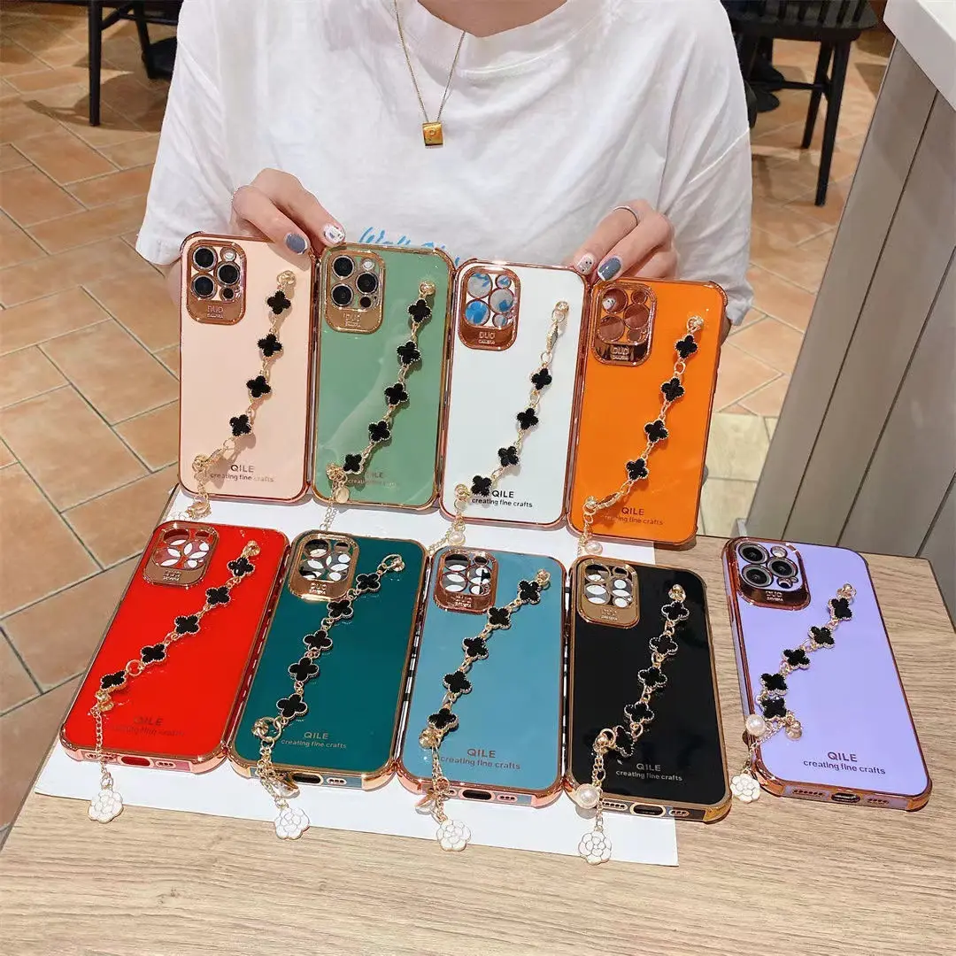 Casing Ponsel Tepi Lurus Berlapis Mewah untuk iPhone 14 13 Pro Max 12 11 XR 7 8 Plus Casing TPU Lembut Tahan Benturan Warna Polos