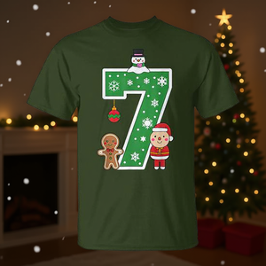 Maglietta natalizia numero 7 con design di pupazzo di neve, pan di zenzero e Babbo Natale per abbigliamento natalizio - Product Image 3