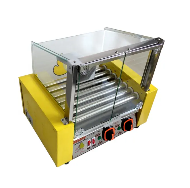 Electric mini yellow color 7 roller Hot dog Grill / sausage making machine with glass cover XHK-007