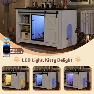 Recinto para caja de arena de gatos estilo granja, 46 pulgadas, en blanco, con puerta corredera tipo granero, panel acrílico con luz LED y gabinete oculto para gatos - Product Image 4
