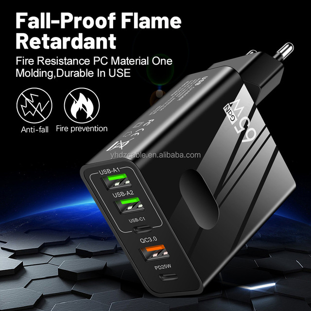 65W Gan Fast Charging Charger 2TYPE C+3USB Multi Port Adapter EU US UK Plug PD Travel Charger for Apple