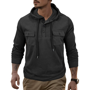 Healy 26-27 <b>Men</b> Drawstring Hoodie 3 Button Placket Double Chest Pocket Soft Cotton Blend Casual Work Long Sleeve <b>Pullover</b> - Product Image 4