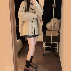Women's V Neck Knitted Cardigan Khaki Solid Color Vintage Style Autumn Winter Sweater Coat Medium Thickness - Product Image 2