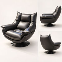 Fauteuil de salon moderne en cuir noir, pivotant, avec siège rembourré en mousse et base en métal, idéal pour coin lecture ou hôtel
