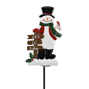 Luce Solare da Giardino a Forma di Pupazzo di Neve Natalizio con Cappello Nero e Sciarpa Rosso-Verde con Scritta 'LET IT SNOW' - Product Image 1