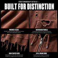 Sweat-shirt à capuche entièrement zippé en molleton marron délavé personnalisé 360 g/m² avec empiècements vieillis, poche kangourou et ourlet effiloché brut, style streetwear OEM ODM