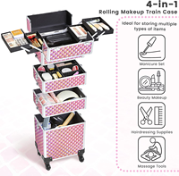 Valise de maquillage professionnelle en aluminium résistante à l'eau, avec roulettes, fermeture éclair à motif fileté, poignée souple, pliable